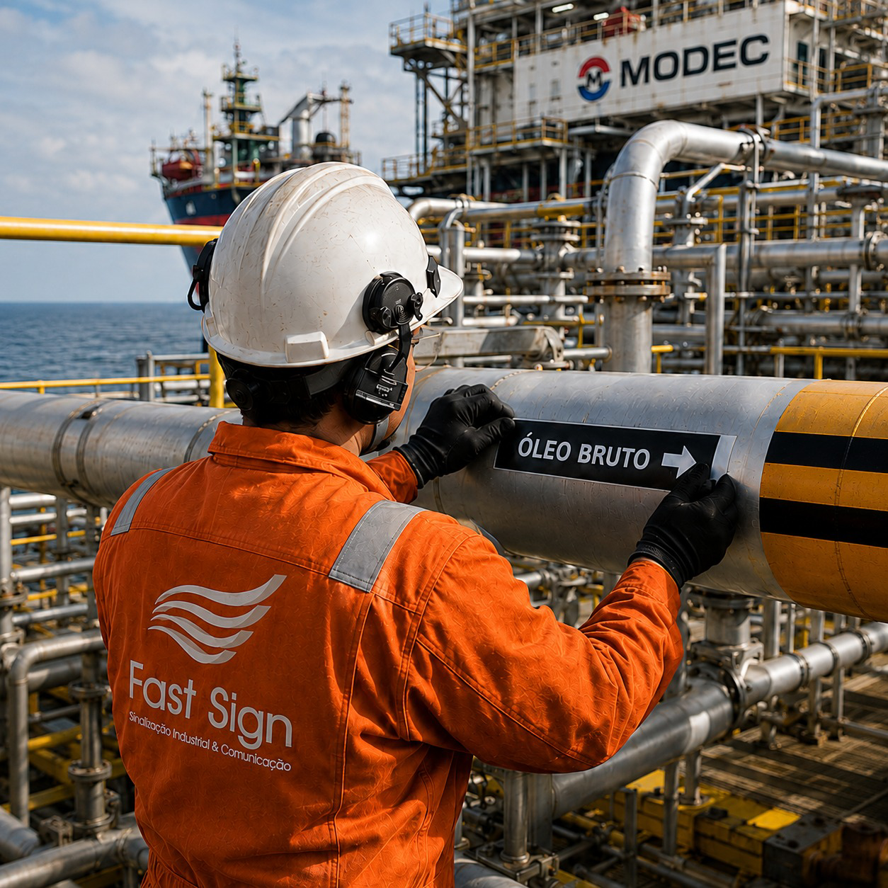 Técnico Fast Sign instalando identificação de óleo bruto em operação offshore